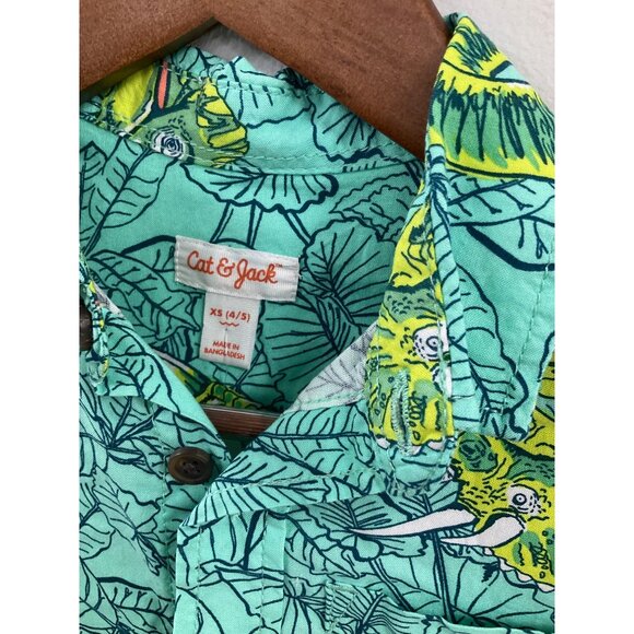 Cat & Jack XS (4/5) Boys Green Tropical Print Button-Up Shirt With Dinosaur Desi - Picture 3 of 4